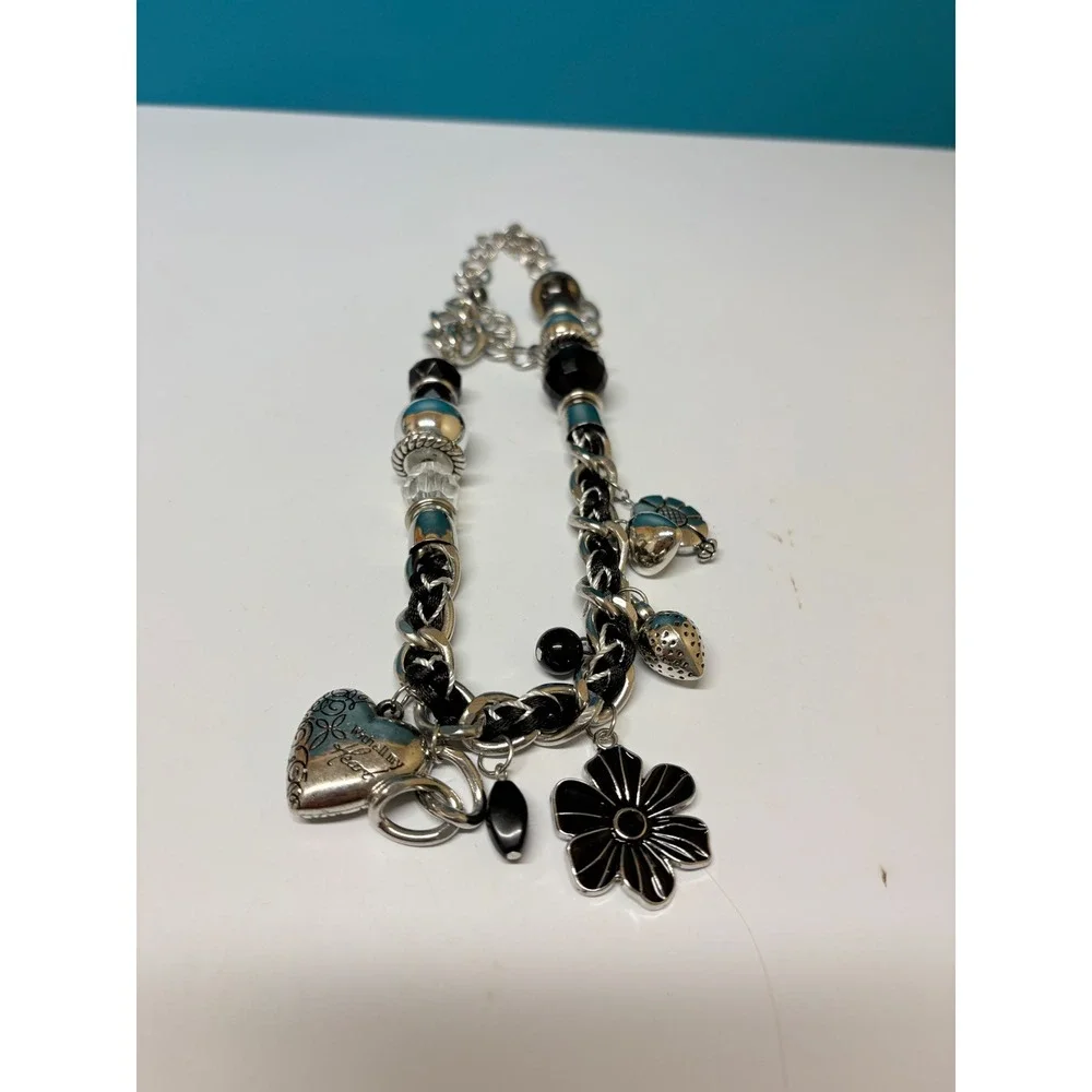 Chunky Silver Black Woven‎ Chain Charm Choker Necklace Heart Flower Y2K Grunge